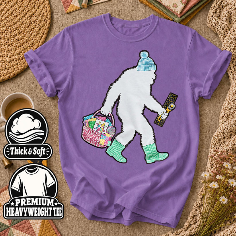 Bigfoot Quilter With Fabric Basket And Rotary Cutter T-Shirt - Heather Team Purple