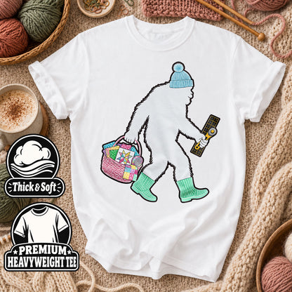 Bigfoot Quilter With Fabric Basket And Rotary Cutter T-Shirt - White