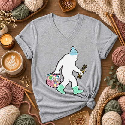 Bigfoot Quilter With Fabric Basket And Rotary Cutter Women's V-Neck - Athletic Heather