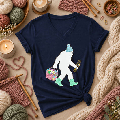 Bigfoot Quilter With Fabric Basket And Rotary Cutter Women's V-Neck - Navy