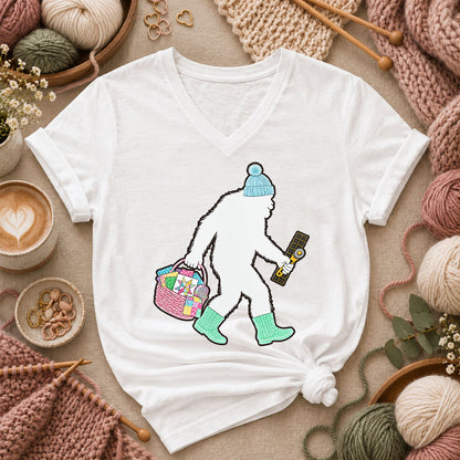 Bigfoot Quilter With Fabric Basket And Rotary Cutter Women's V-Neck - White