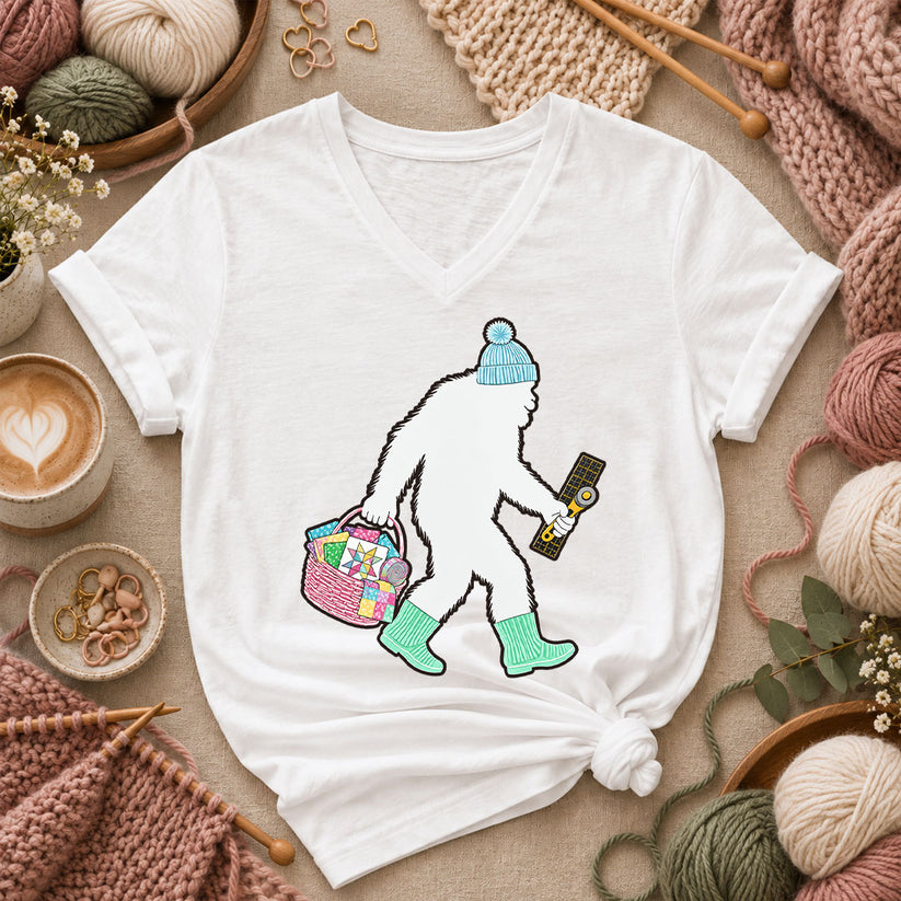 Bigfoot Quilter With Fabric Basket And Rotary Cutter Women's V-Neck - White