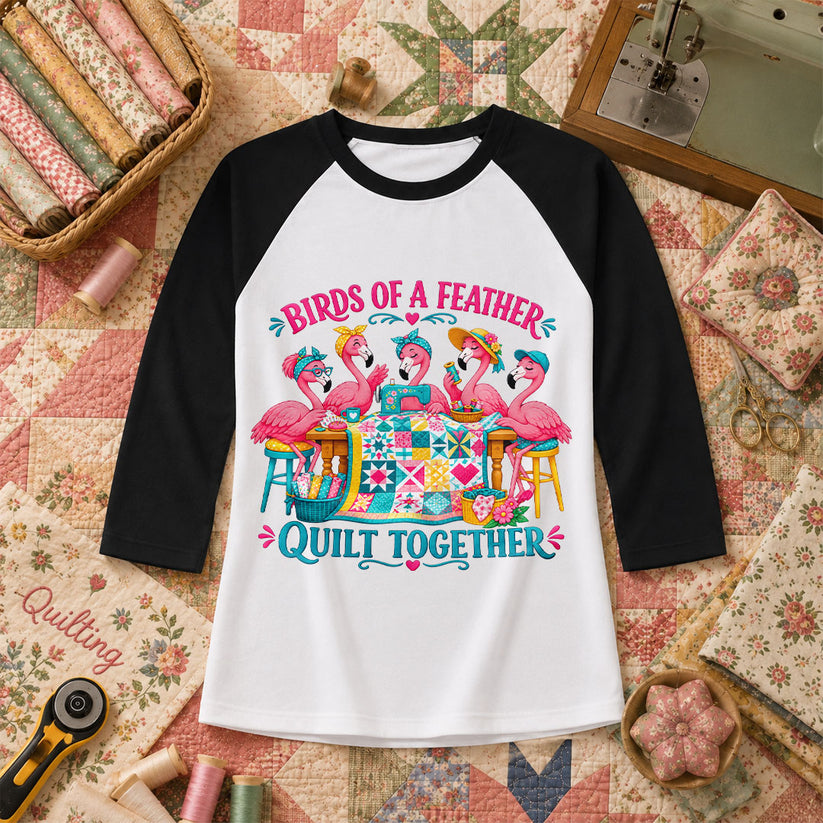 Birds Of A Feather Quilt Together Flamingos Raglan Sleeve - Black