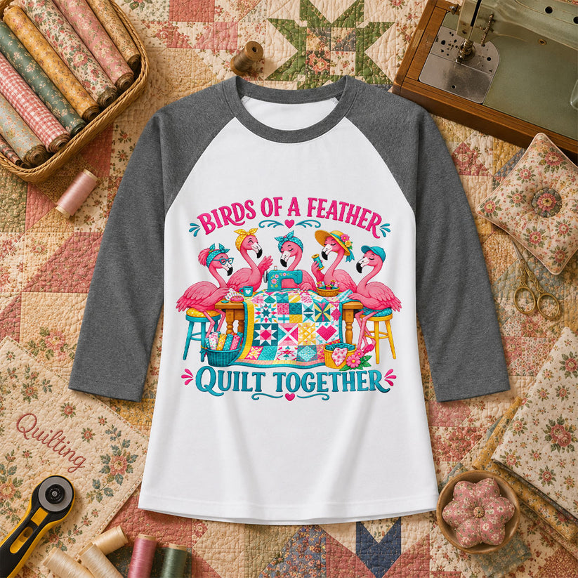 Birds Of A Feather Quilt Together Flamingos Raglan Sleeve - Deep Heather