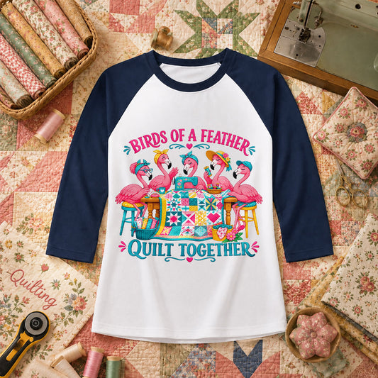 Birds Of A Feather Quilt Together Flamingos Raglan Sleeve - Navy
