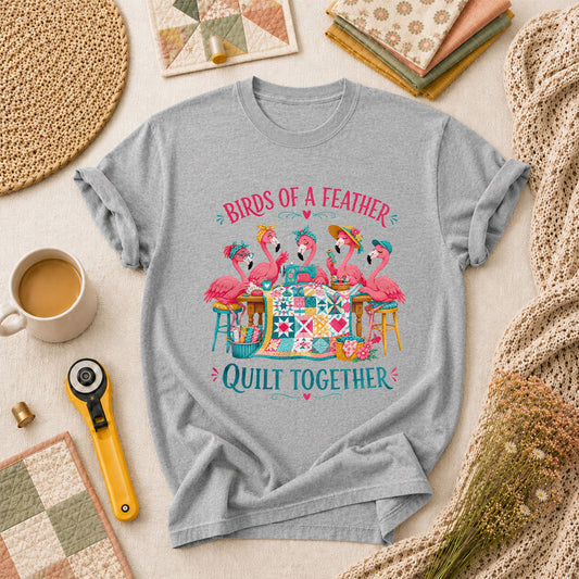 Birds Of A Feather Quilt Together Flamingos T-Shirt - Athletic Heather