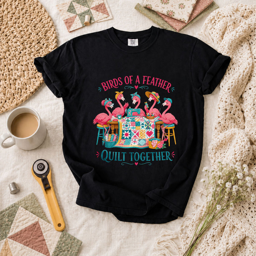 Birds Of A Feather Quilt Together Flamingos T-Shirt - Black