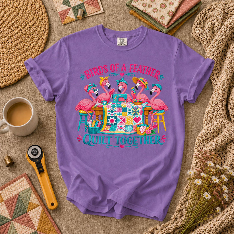 Birds Of A Feather Quilt Together Flamingos T-Shirt - Heather Team Purple