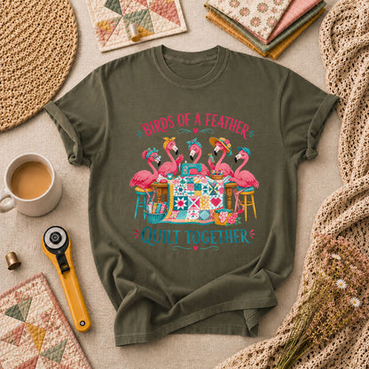 Birds Of A Feather Quilt Together Flamingos T-Shirt - Military Green