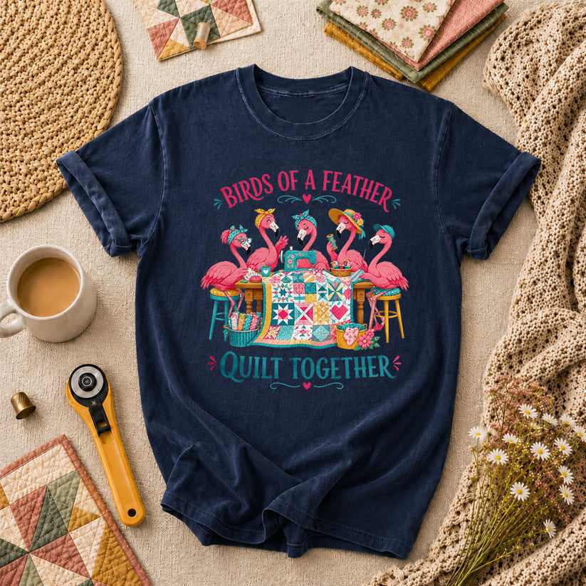 Birds Of A Feather Quilt Together Flamingos T-Shirt - Navy
