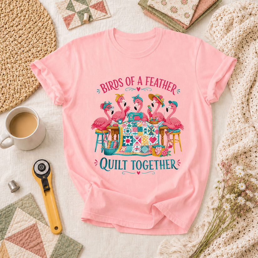Birds Of A Feather Quilt Together Flamingos T-Shirt - Pink