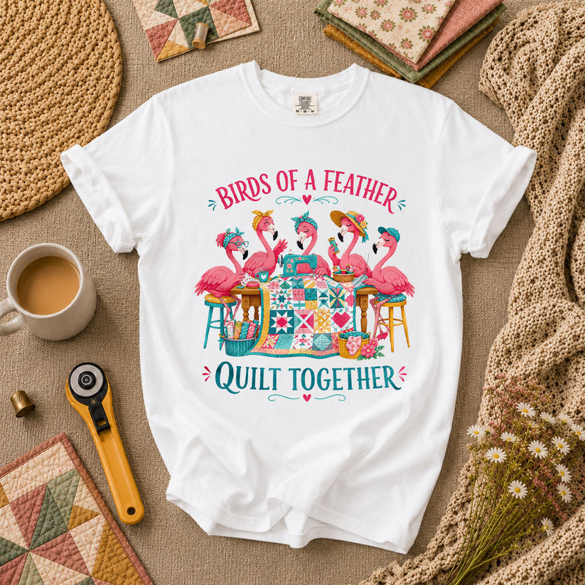 Birds Of A Feather Quilt Together Flamingos T-Shirt - White