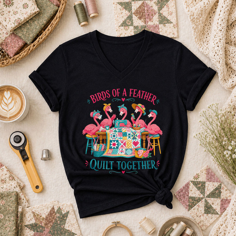 Birds Of A Feather Quilt Together Flamingos Women's V-Neck - Black