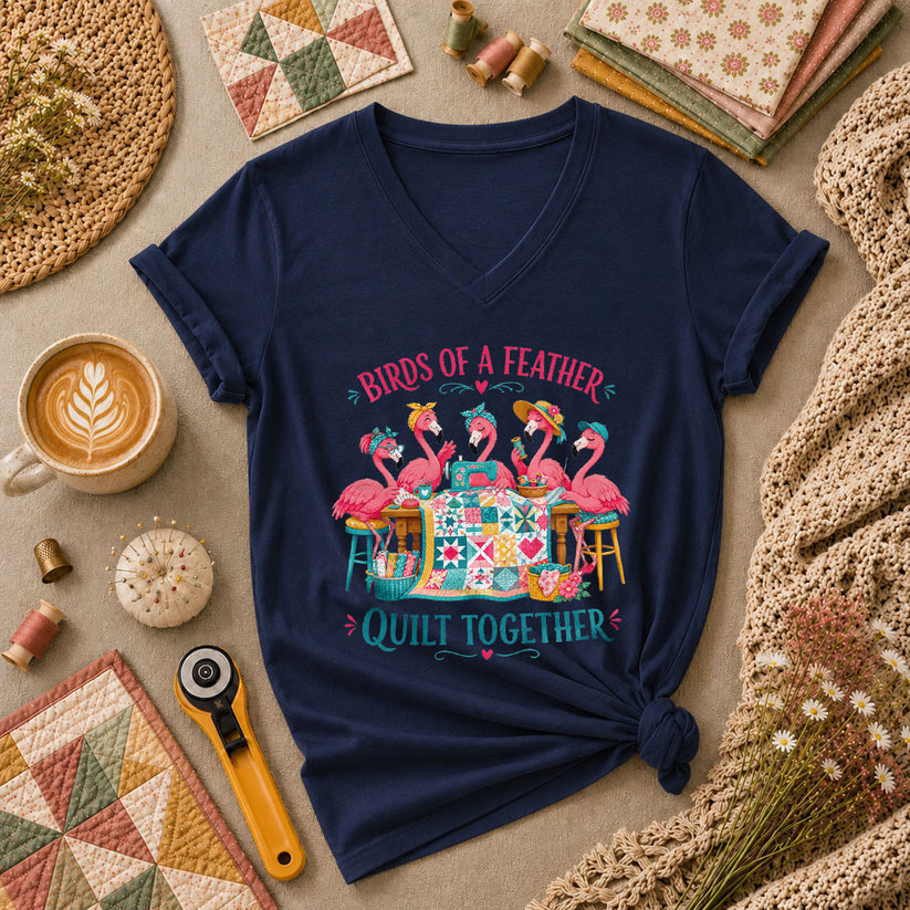 Birds Of A Feather Quilt Together Flamingos Women's V-Neck - Navy
