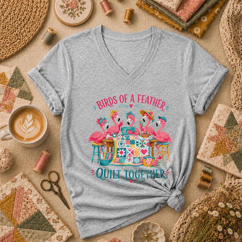 Birds Of A Feather Quilt Together Flamingos Women's V-Neck - Sport Grey