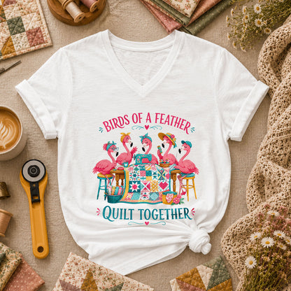 Birds Of A Feather Quilt Together Flamingos Women's V-Neck - White
