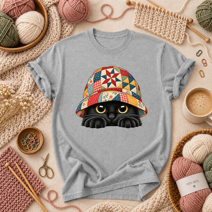Black Cat In Patchwork Bucket Hat T-Shirt - Athletic Heather