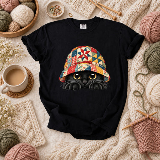 Black Cat In Patchwork Bucket Hat T-Shirt - Black