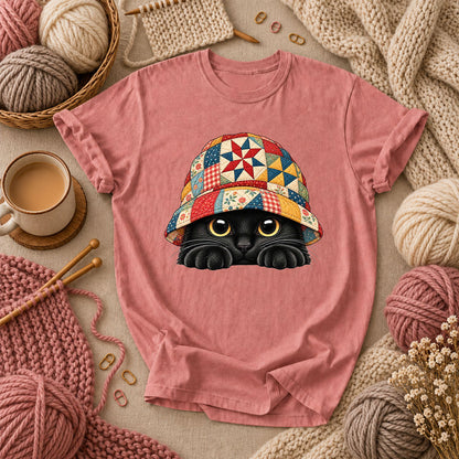 Black Cat In Patchwork Bucket Hat T-Shirt - Heather Mauve