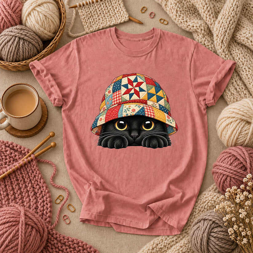 Black Cat In Patchwork Bucket Hat T-Shirt - Heather Mauve