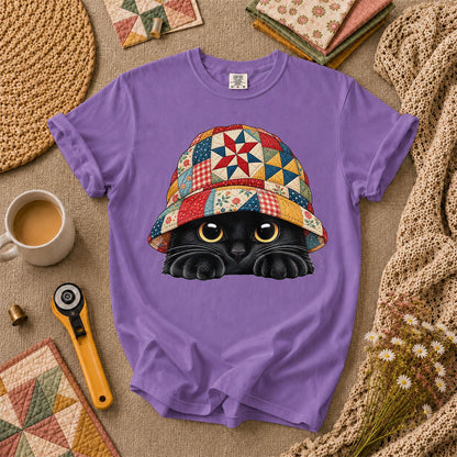 Black Cat In Patchwork Bucket Hat T-Shirt - Heather Team Purple