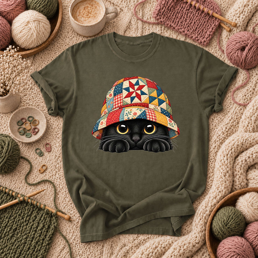Black Cat In Patchwork Bucket Hat T-Shirt - Military Green
