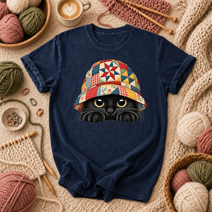 Black Cat In Patchwork Bucket Hat T-Shirt - Navy
