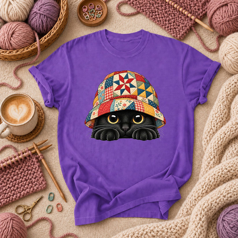 Black Cat In Patchwork Bucket Hat T-Shirt - Purple