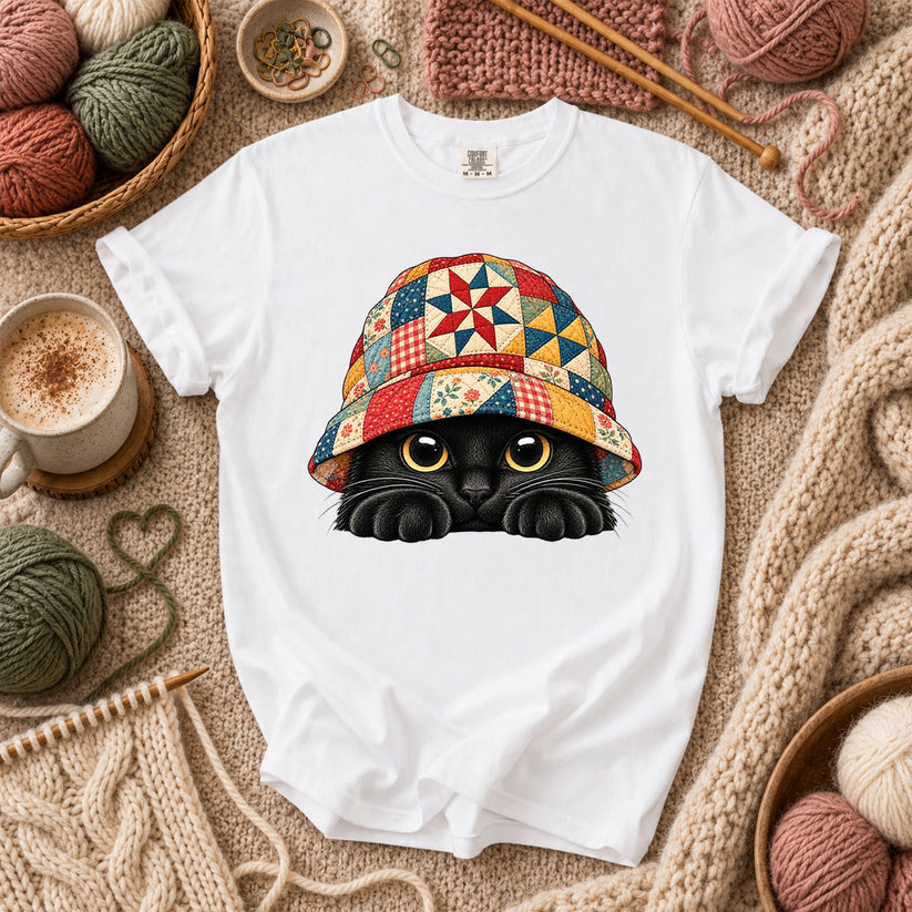 Black Cat In Patchwork Bucket Hat T-Shirt - White