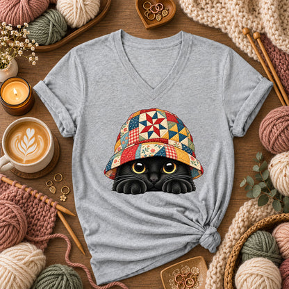Black Cat In Patchwork Bucket Hat Women's V-Neck - Athletic Heather