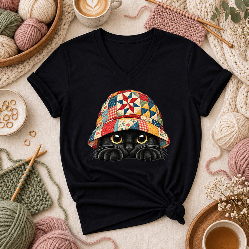 Black Cat In Patchwork Bucket Hat Women's V-Neck - Black