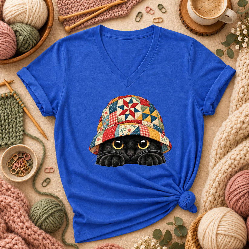 Black Cat In Patchwork Bucket Hat Women's V-Neck - Heather True Royal