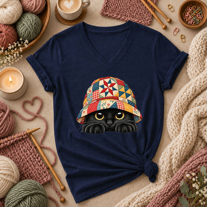 Black Cat In Patchwork Bucket Hat Women's V-Neck - Navy