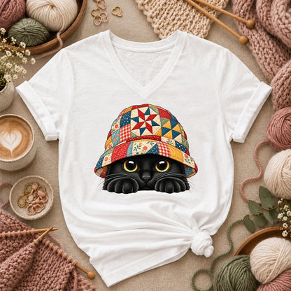 Black Cat In Patchwork Bucket Hat Women's V-Neck - White