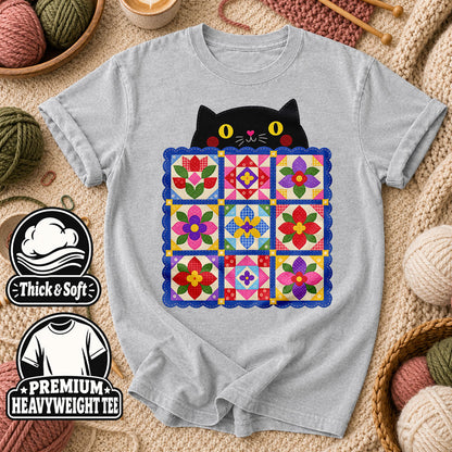 Black Cat Peeking Over Floral Quilt T-Shirt - Athletic Heather