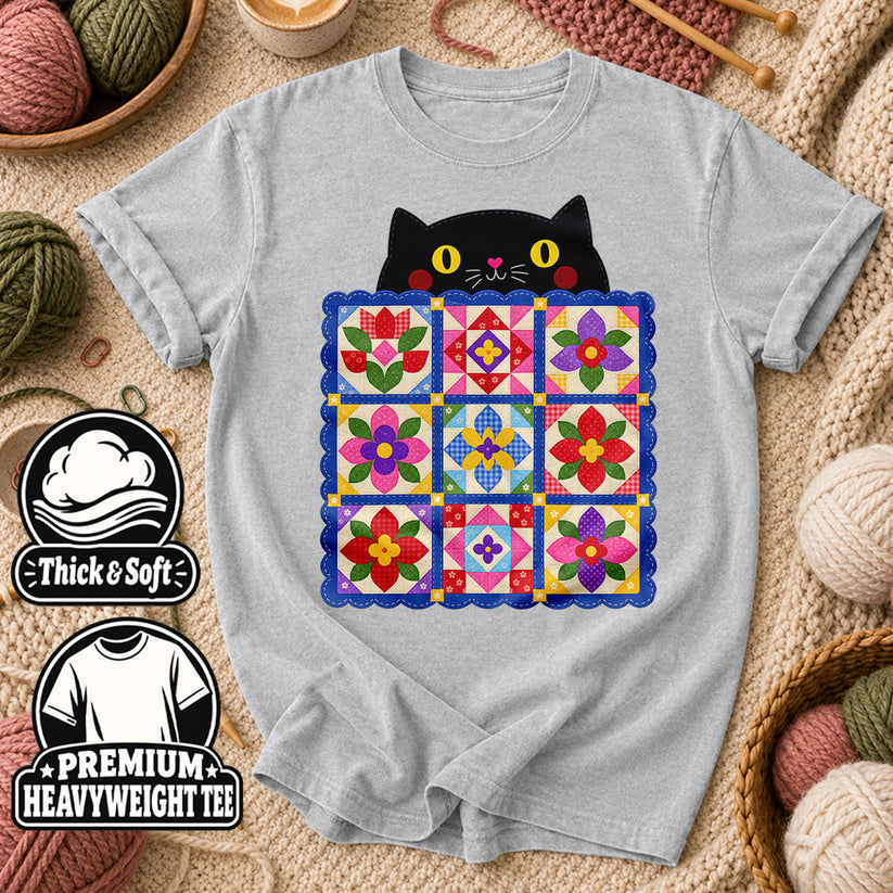 Black Cat Peeking Over Floral Quilt T-Shirt - Athletic Heather