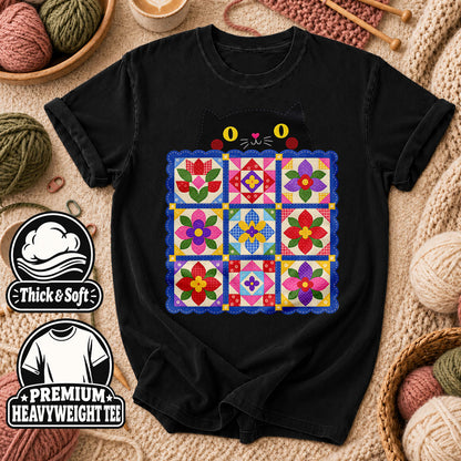 Black Cat Peeking Over Floral Quilt T-Shirt - Black