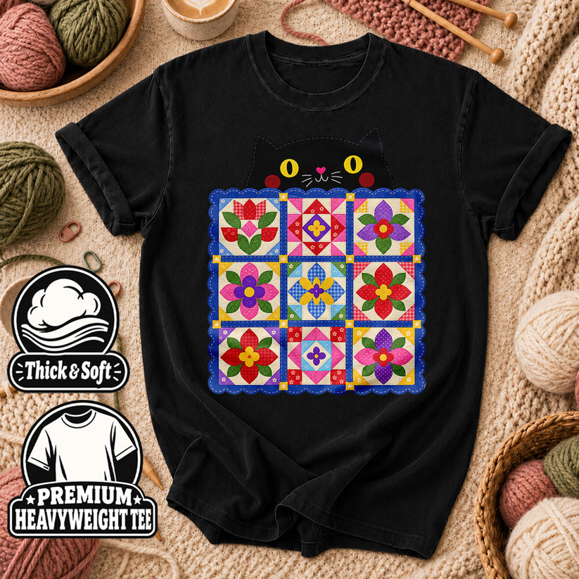 Black Cat Peeking Over Floral Quilt T-Shirt - Black