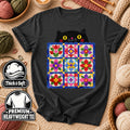 Black Cat Peeking Over Floral Quilt T-Shirt