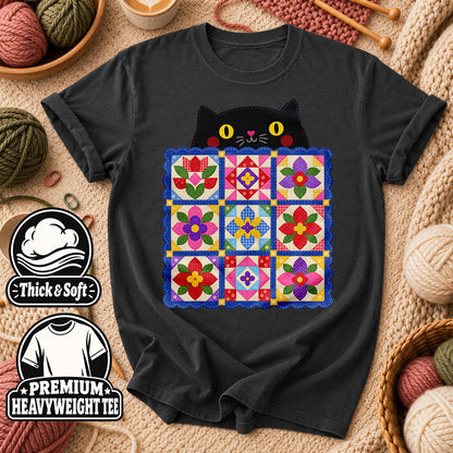 Black Cat Peeking Over Floral Quilt T-Shirt - Dark Heather Grey