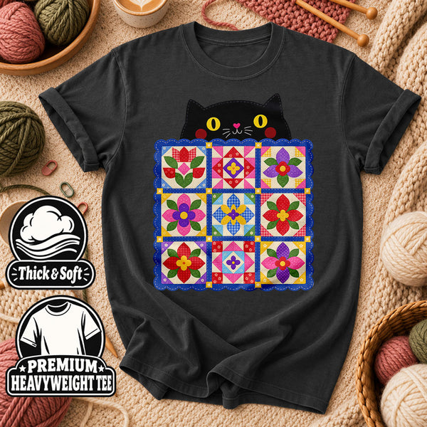Black Cat Peeking Over Floral Quilt T-Shirt
