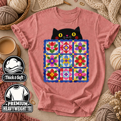 Black Cat Peeking Over Floral Quilt T-Shirt - Heather Mauve