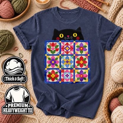 Black Cat Peeking Over Floral Quilt T-Shirt - Heather Navy