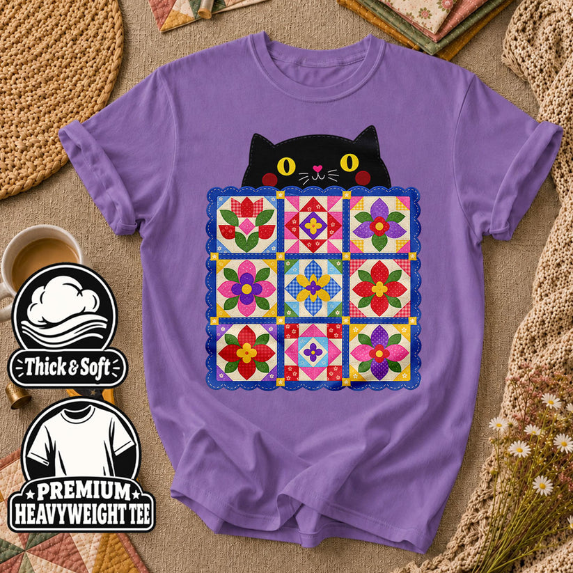 Black Cat Peeking Over Floral Quilt T-Shirt - Heather Team Purple