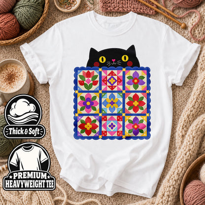 Black Cat Peeking Over Floral Quilt T-Shirt - White