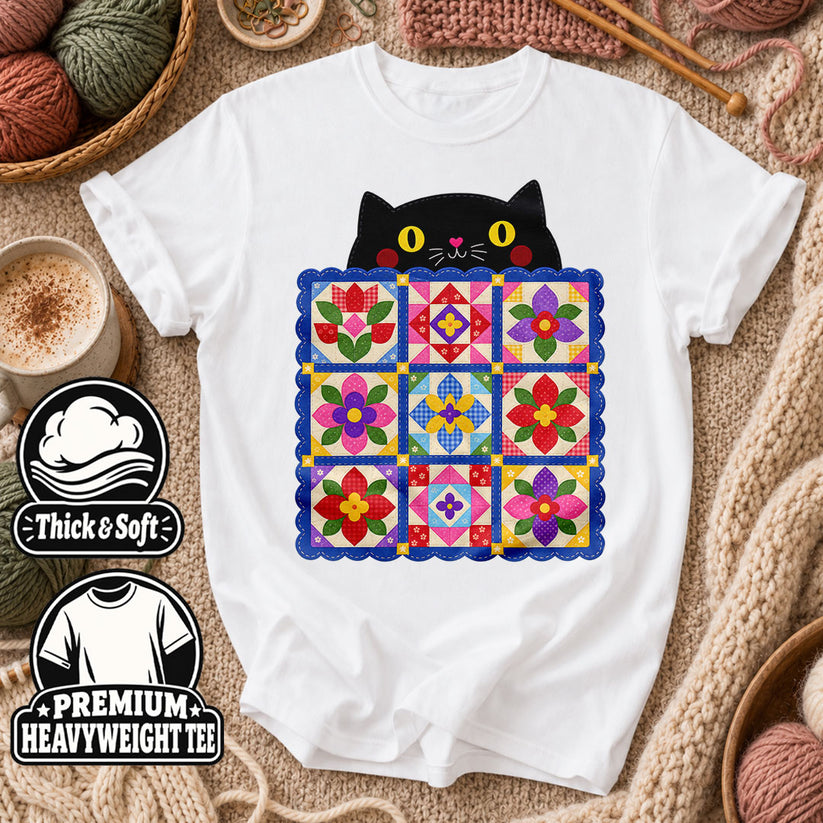 Black Cat Peeking Over Floral Quilt T-Shirt - White