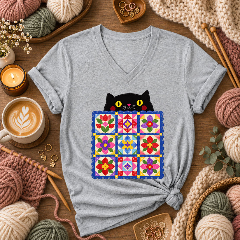 Black Cat Peeking Over Floral Quilt Women's V-Neck - Athletic Heather