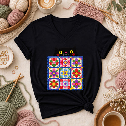 Black Cat Peeking Over Floral Quilt Women's V-Neck - Black