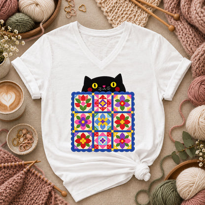 Black Cat Peeking Over Floral Quilt Women's V-Neck - White