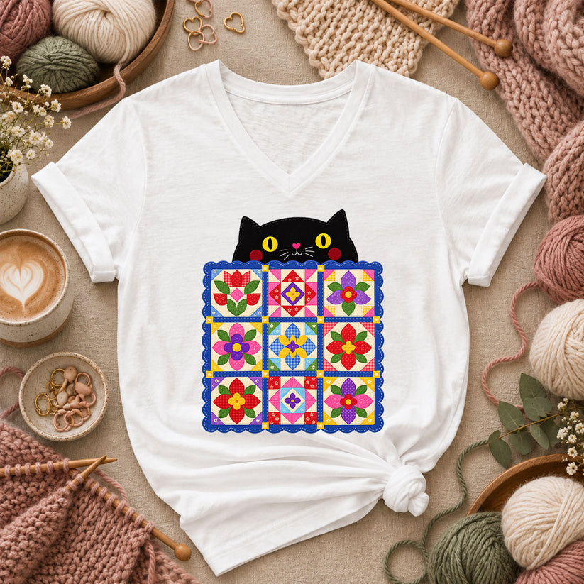 Black Cat Peeking Over Floral Quilt Women's V-Neck - White